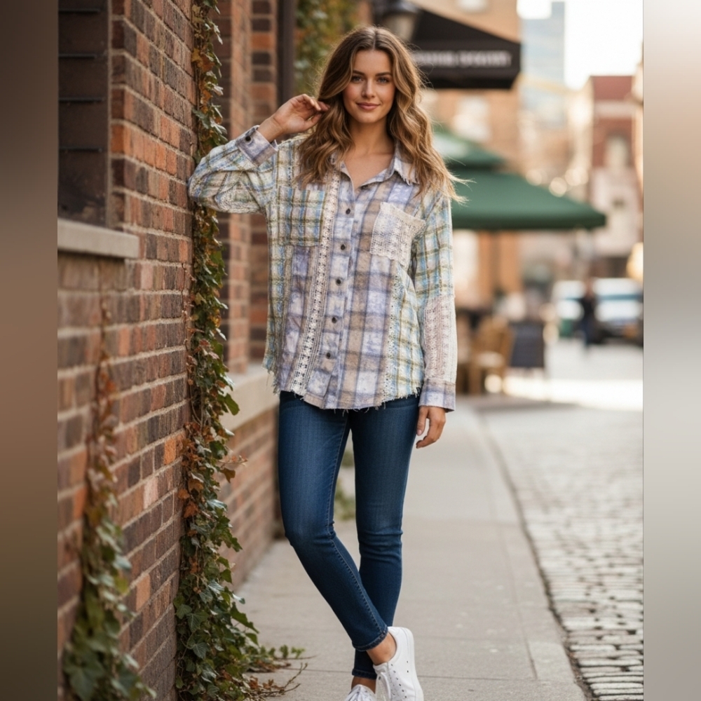 POL Plaid Shirt with Lace Detail Flannel Boho Small Nwot